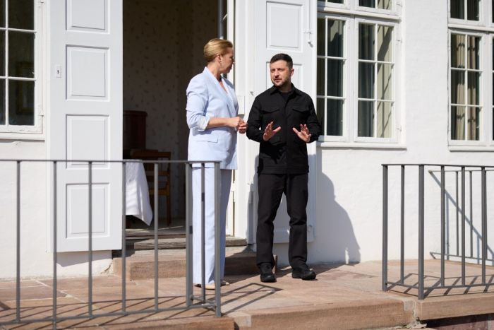 Ukrainian President Volodymyr Zelenskyy and Danish Prime Minister Mette Frederiksen are seen together during a meeting at Marienborg, the official residence of the Danish prime minister.