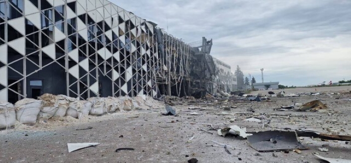 Zaporizhzhia International Airport in Ukraine, shown completely destroyed in 2024 after Russian strikes
