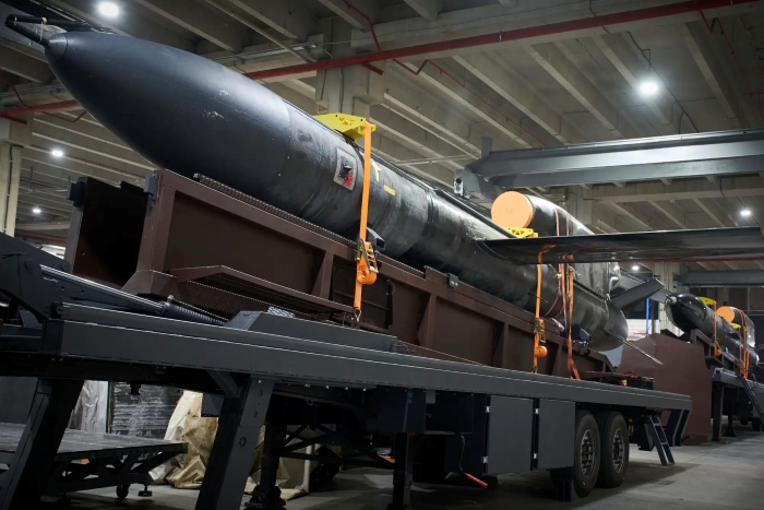 The Ukrainian long-range cruise missile “Flamingo” is pictured, photographed by Efrem Lukatsky for the Associated Press. The image shows the sleek, winged missile on display, highlighting Ukraine’s new-generation defence technology.