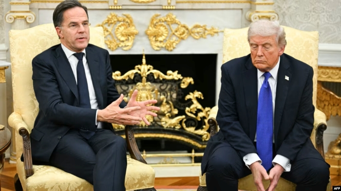 A photo shows a meeting between U.S. President Donald Trump and NATO Secretary General Mark Rutte in Washington. Both leaders are seated in an ornate room with golden decorations and a fireplace