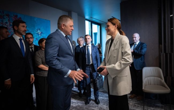 Prime Ministers of Ukraine and Slovakia Yulia Svyrydenko and Robert Fico are depicted having a conversation at the background of delegations