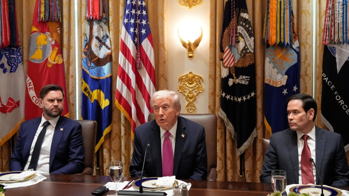 Donald Trump is depicted in White House with Vice President Jay D. Vance and Secretary of State Marco Rubio,