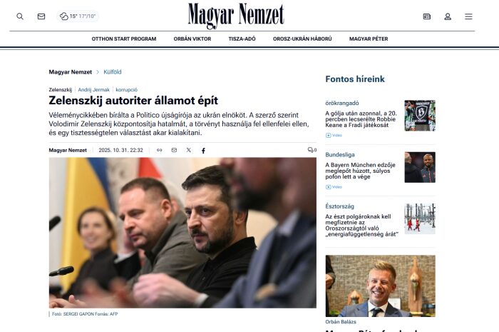 Screenshot from website of Magyar Nemzet media