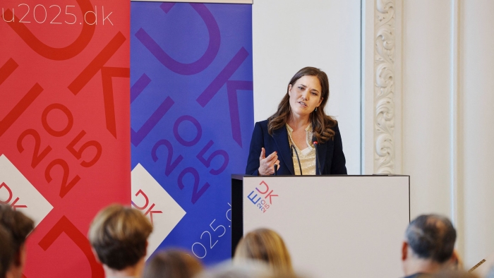 Marie Bjerre, Minister of European Affairs of Denmark is portrayed performing