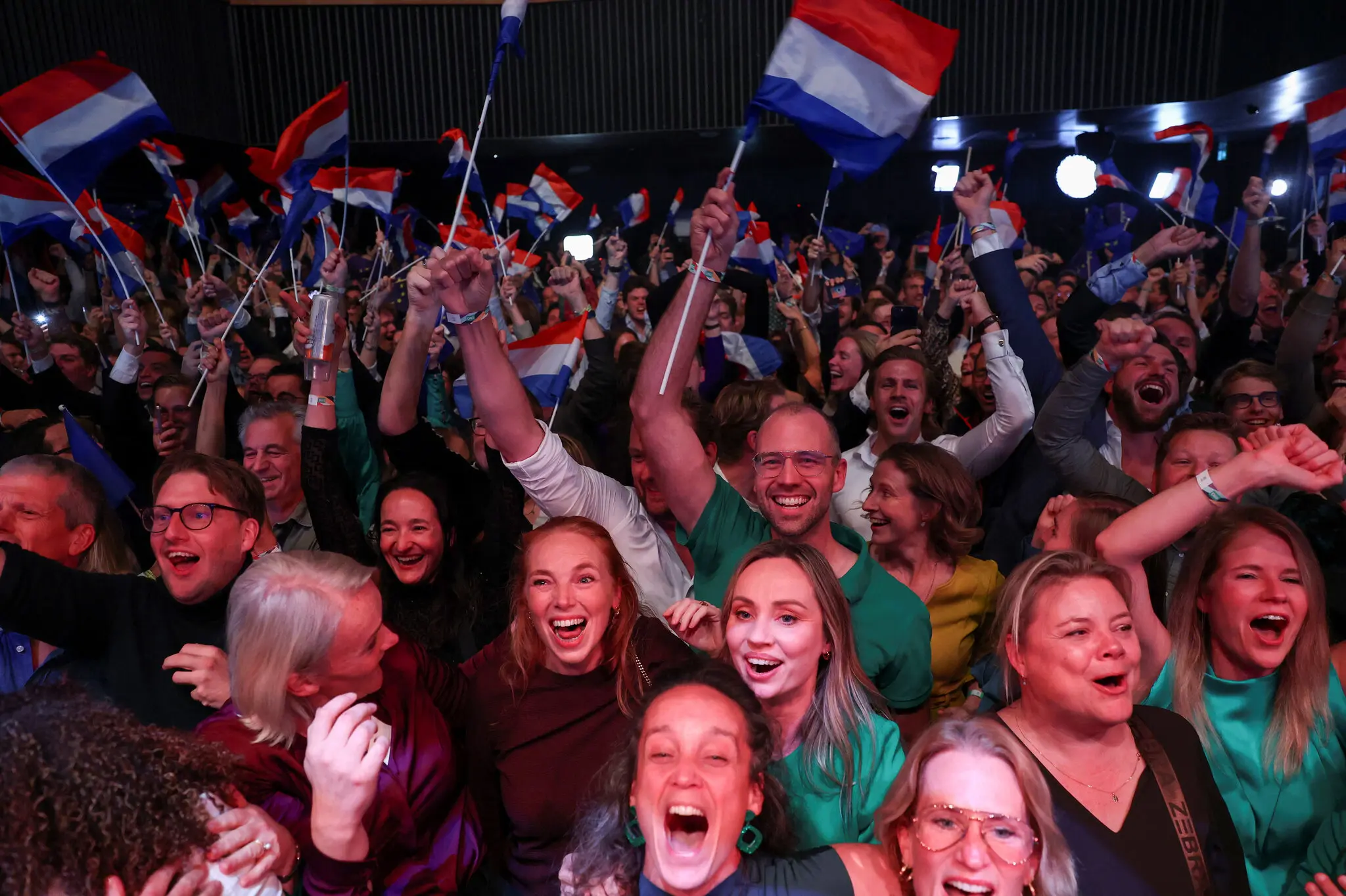 Supporters of D66 in Leiden, the Netherlands, celebrating on Wednesday / Piroschka Van De Wouw, Reuters