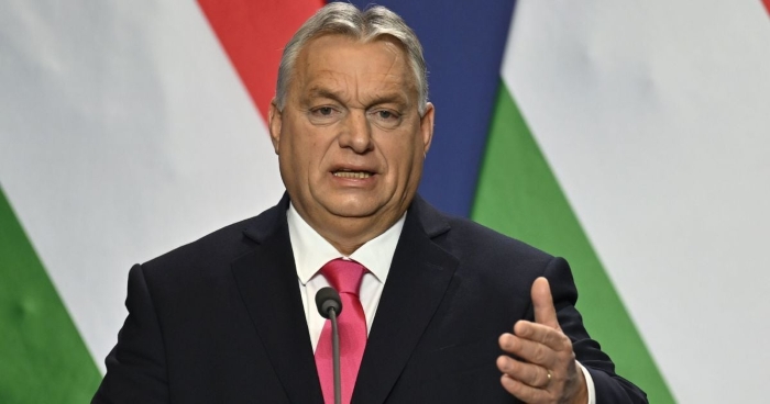 Hungarian Prime Minister Viktor Orban is portrayed talking