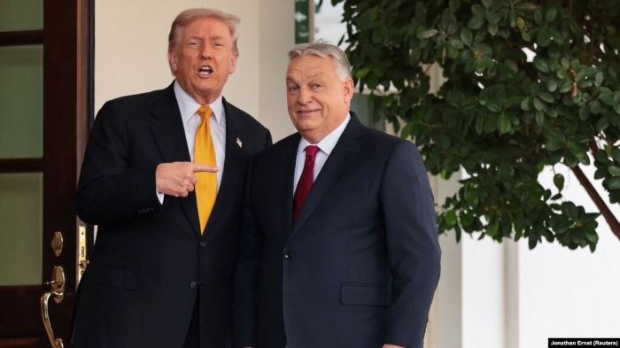 The picture shows Donald Trump and Viktor Orban staying together and smiling