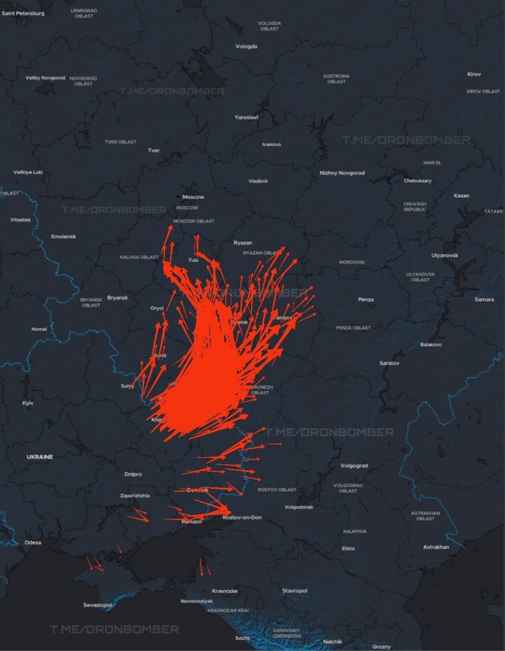 Approximate flight paths of UAVs towards Russia on the night of November 1/ Telegram: DroneBomber