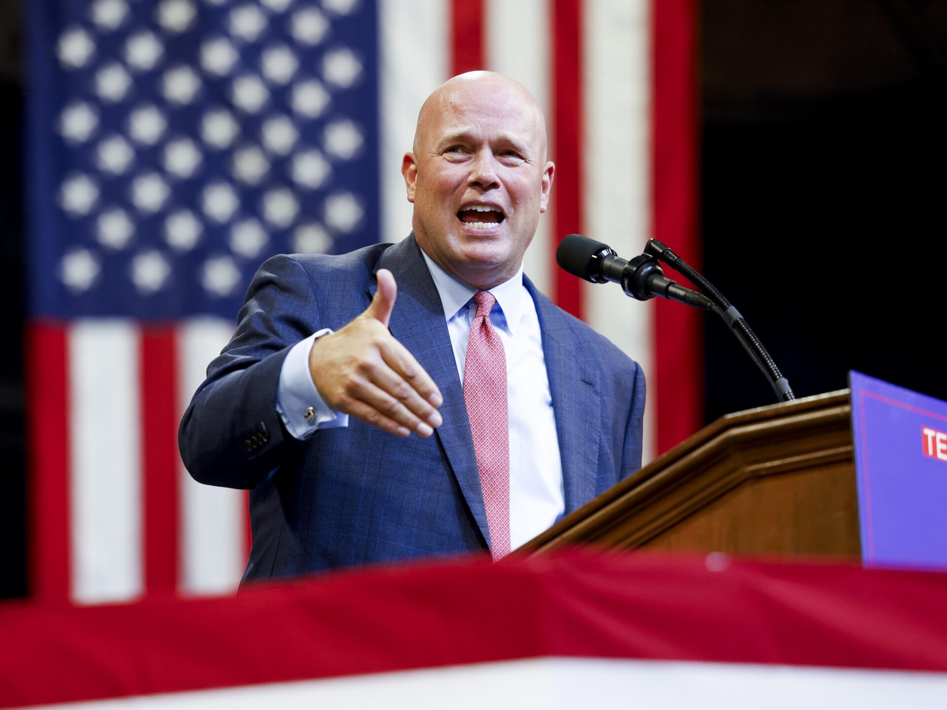 Matthew Whitaker, Trump's pick as ambassador to NATO, speaks during a Trump rally at Montana State University on Aug. 9, in Bozeman, Mt. / Michael Ciaglo, Getty Images