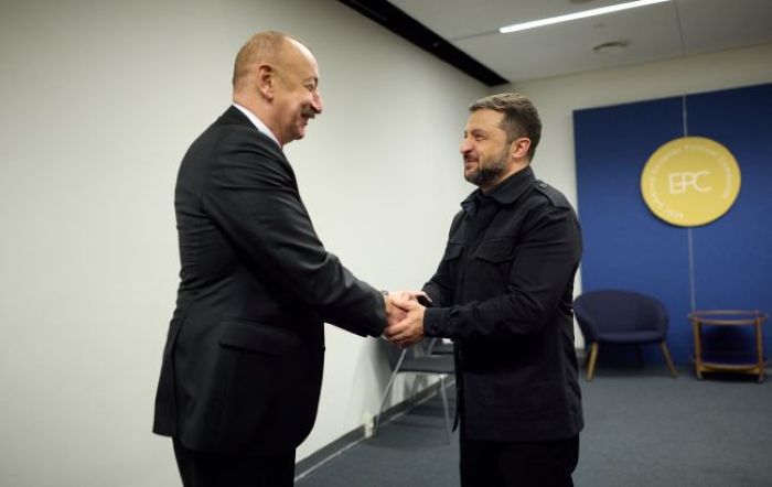 President of Azerbaijan Ilham Aliyev and President of Ukraine Volodymyr Zelenskyy are shaking hands
