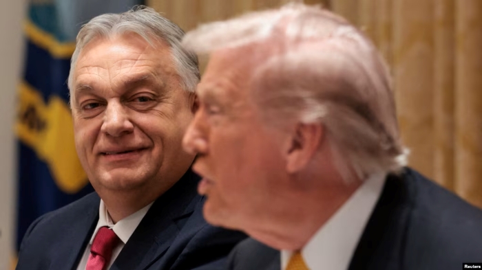 A close-up image from a formal meeting showing US President Donald Trump and Hungarian Prime Minister Viktor Orbán in conversation, with one speaking in the foreground while the other looks on with a slight smile.