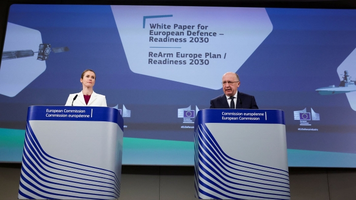 The picture shows EU High Representative for Foreign Affairs and Security Policy / Vice-President of the European Commission Kaja Kallas and Andrius Kubilius, European Commissioner for Defence and Space while presenting a White Paper on the future of European defense