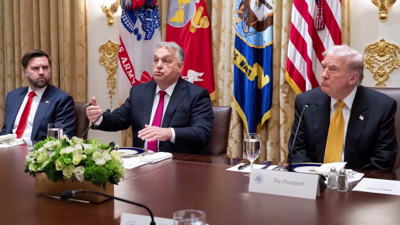 From left: US vice-president JD Vance, Viktor Orbán, prime minister of Hungary, and US President Donald Trump in the White House / AFP via Getty Images