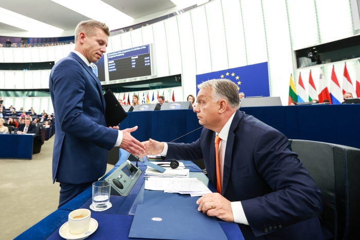 The picture portrays Fidesz`s leader Viktor Orban and Tisza`s leader Péter Magyar