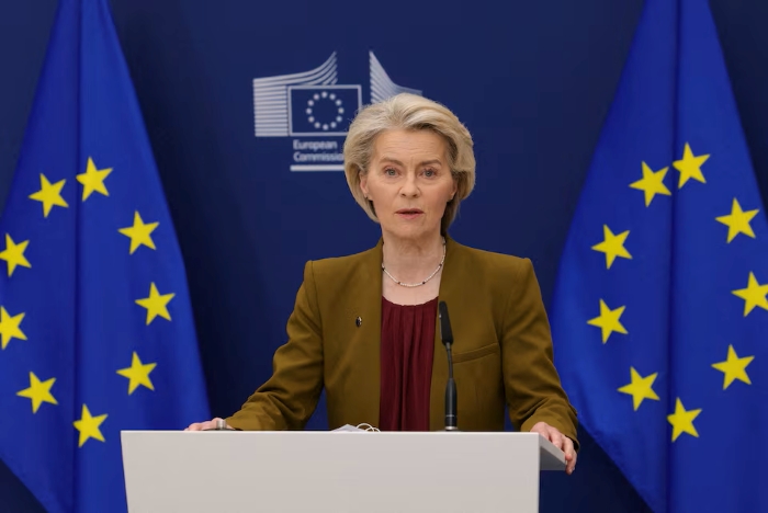 The picture portrays President of the European Commission Ursula von der Leyen