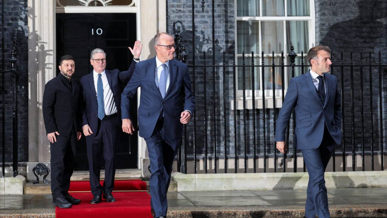 Russian invasion of Ukraine: Prime Minister Sir Keir Starmer with Ukrainian President Volodymyr Zelensky, French President Emmanuel Macron, and German Chancellor Friedrich Merz outside 10 Downing Street, London. Image: picture alliance / empics | Toby Melville