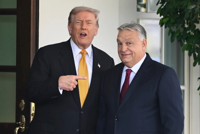The picture shows Donald Trump pointing at Viktor Orbán with a smile