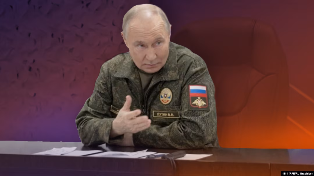 The picture portrays Vladimir Putin in military uniform