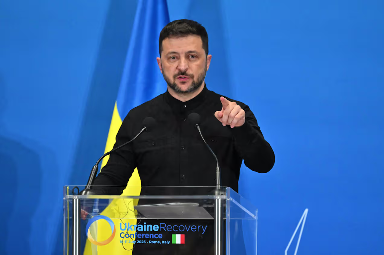 Ukraine's President Volodymyr Zelensky addresses a press conference during the Ukraine Recovery Conference 2025 (URC2025) at the Roma Convention Centre in Rome on July 10, 2025 / Image: Andreas Solaro / AFP