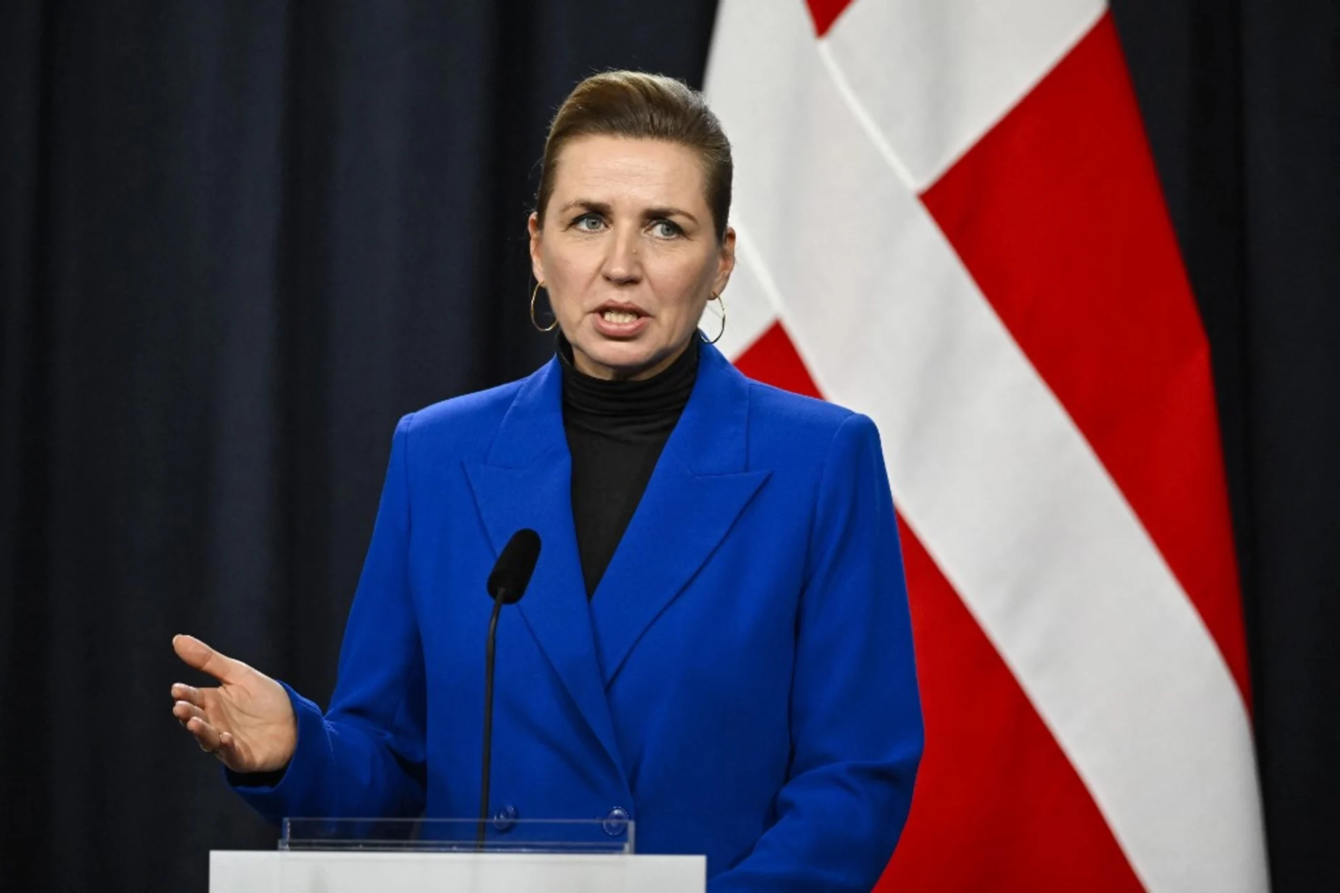 Danish Prime Minister Mette Frederiksen speaks at a press conference at the Nordic-Baltic Summit. Photo: Henrik Montgomery/AFP