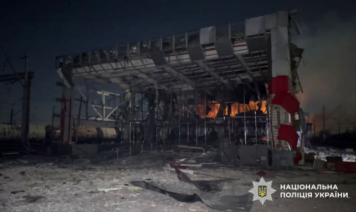 The picture shows destroyed railway station in Fastiv