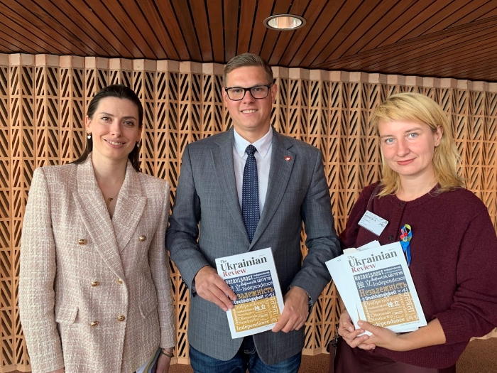 The picture portrays Head of the Ukrainian delegation Maria Mezentseva, Member of the Polish Sejm Patryk Jaskulski, and The Ukrainian Review representative Maria Poblinkova.