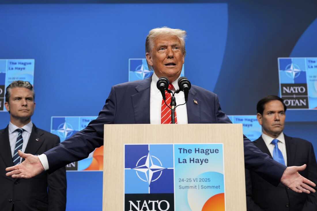 President Donald Trump speaks during a media conference at the end of the NATO summit as Secretary of State Marco Rubio, right, and Defense Secretary Pete Hegseth listen, in The Hague, Netherlands, Wednesday, June 25, 2025 / Alex Brandon / AP Photo