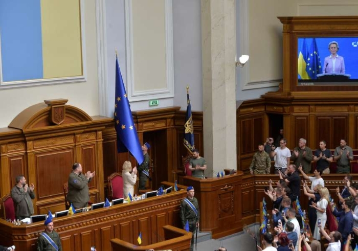 The picture shows in the meeting hall of the Verkhovna Rada of Ukraine with the EU flag installed there.