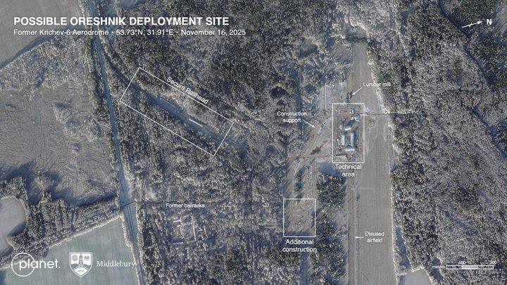 A Planet Labs satellite image taken on November 16, 2025, shows a site where U.S. researchers believe Russia is likely deploying its nuclear-capable "Oreshnik" missile.