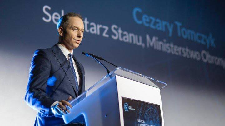 Deputy Minister of National Defence of Poland Cezary Tomczyk at a defense forum in Łódź, Poland, May 14, 2024.