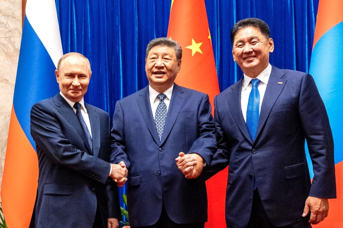 The picture shows Mongolian President Kurelsukh Ukhnaa, Chinese President Xi Jinping and Russian Presient Vladimir Putin