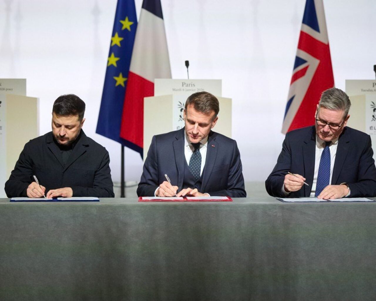 Ukrainian President Volodymyr Zelenskyy, British Prime Minister Keir Starmer and French President Emmanuel Macron during a joint appearance