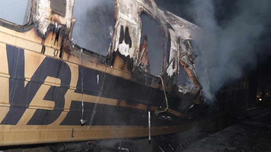 A burnt train car hit by Russian missiles, Kharkiv region, January 27, 2026