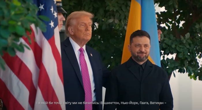 U.S. President Donald Trump and Ukrainian President Volodymyr Zelensky stand side by side during an official meeting, with the flags of the United States and Ukraine visible in the background.