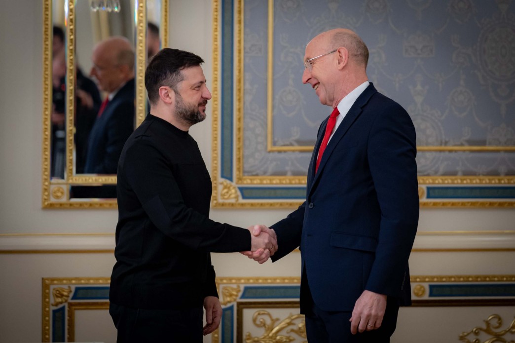 The picture portrays President of Ukraine Volodymyr Zelenskyy shaking hands during a meeting with the United Kingdom’s Secretary of State for Defense, John Healey.