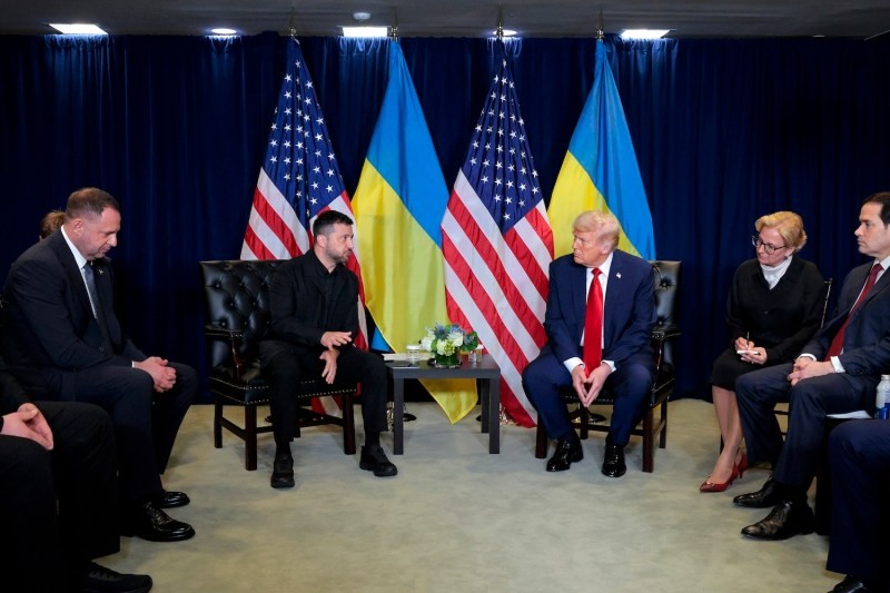 Ukrainian President Volodymyr Zelensky (middle left) speaks during a bilateral meeting with U.S. President Donald Trump on the sidelines of the United Nations General Assembly in New York City on Sept. 23.