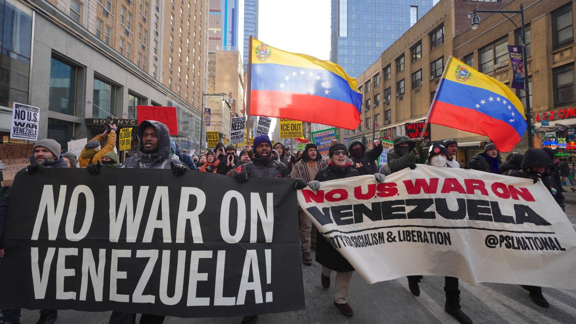 New Yorkers march through the streets of Manhattan against the capture of Venezuelan President Nicolas Maduro and his wife Cilia Flores by US military forces on January 3, 2026. Getty Images/Selcuk Acar/Anadolu