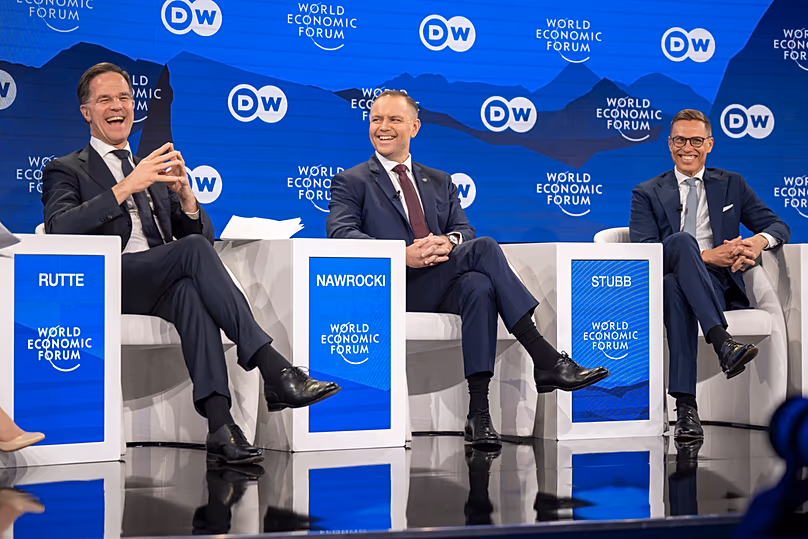 ATO Secretary-General Mark Rutte, Poland's Karol Nawrocki and Finland's Alexander Stubb during a panel discussion at the World Economic Forum, in Davos, 21 January 2026 AP Photo
