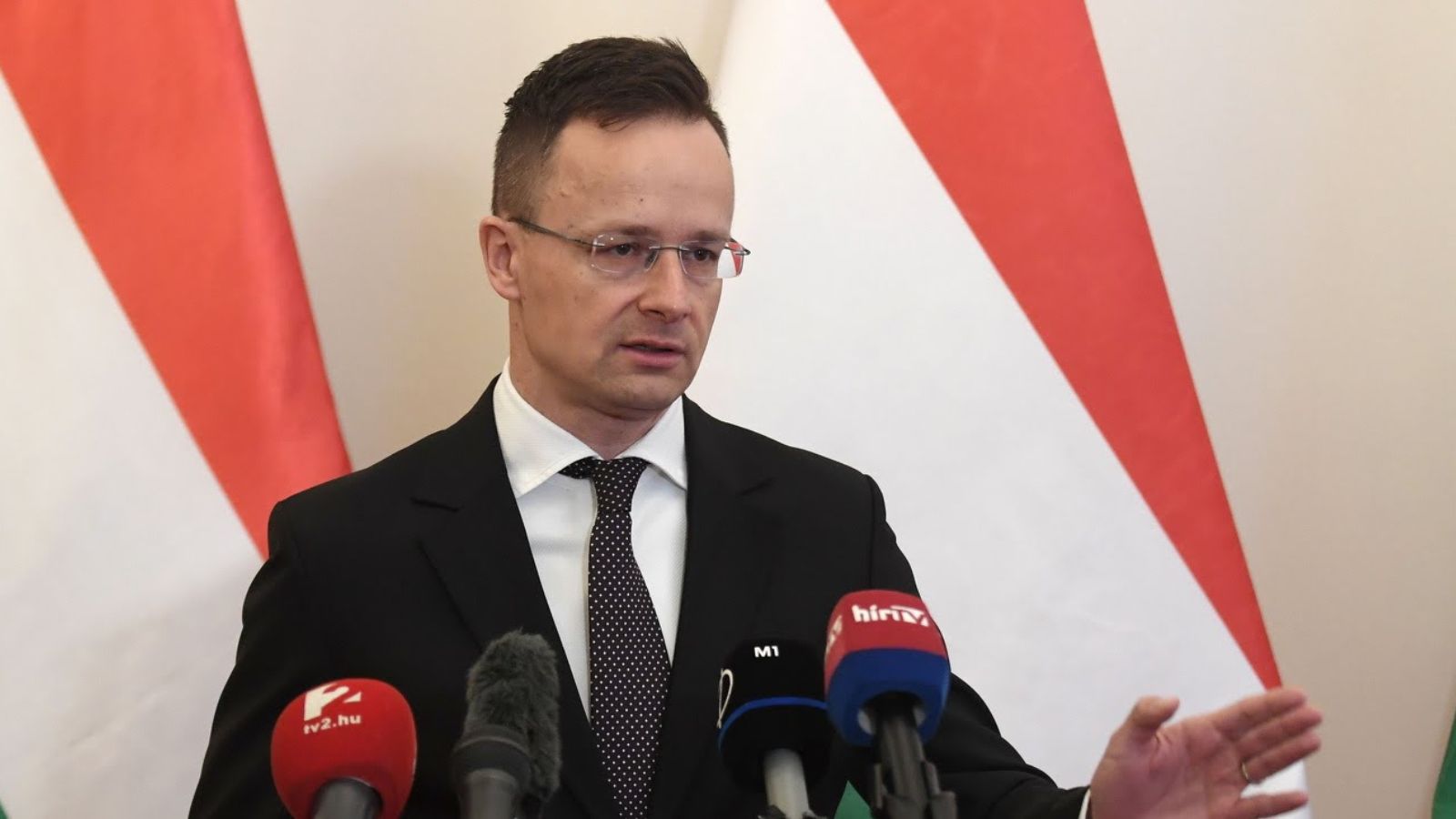 Hungarian Foreign Minister Péter Szijjártó speaking in front of the Hungarian flag.