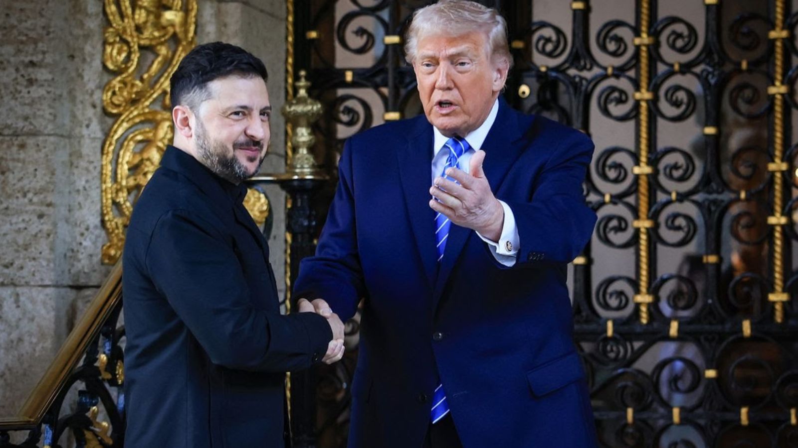 President Volodymyr Zelenskyy and President Donald Trump shaking hands during a formal meeting