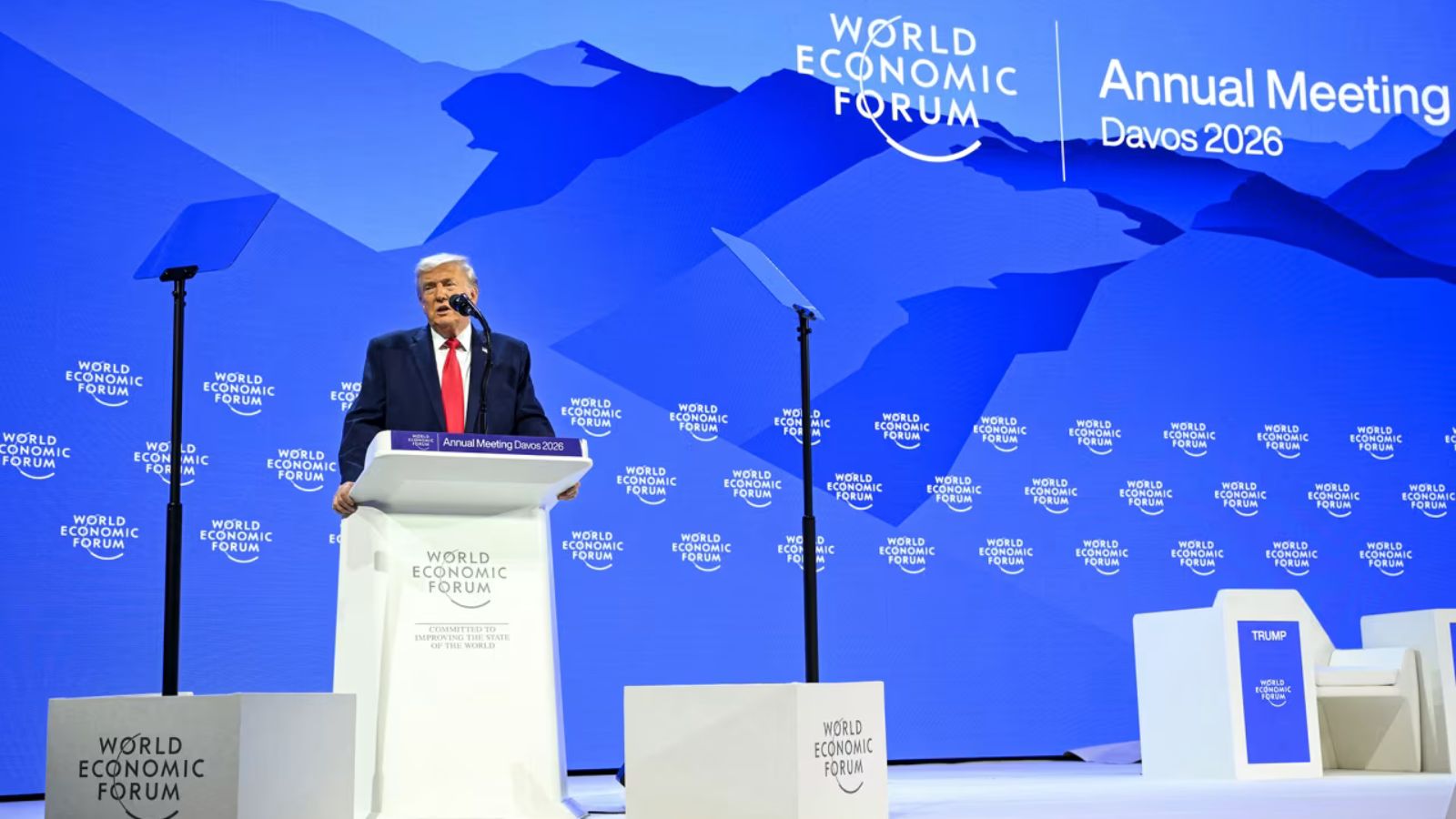 Donald Trump delivering a speech at the podium during the World Economic Forum.