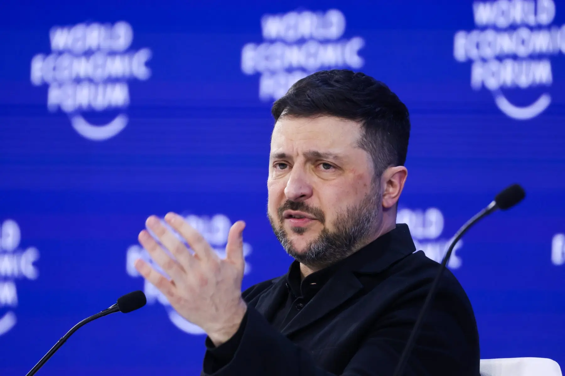 Ukrainian President Volodymyr Zelensky on stage at the World Economic Forum in Davos, Switzerland, on Jan. 22, 2026. Krisztian Bocsi—Getty Images