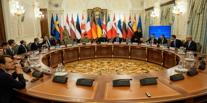 International security meeting with government officials and military representatives seated around a large oval conference table in an ornate hall.