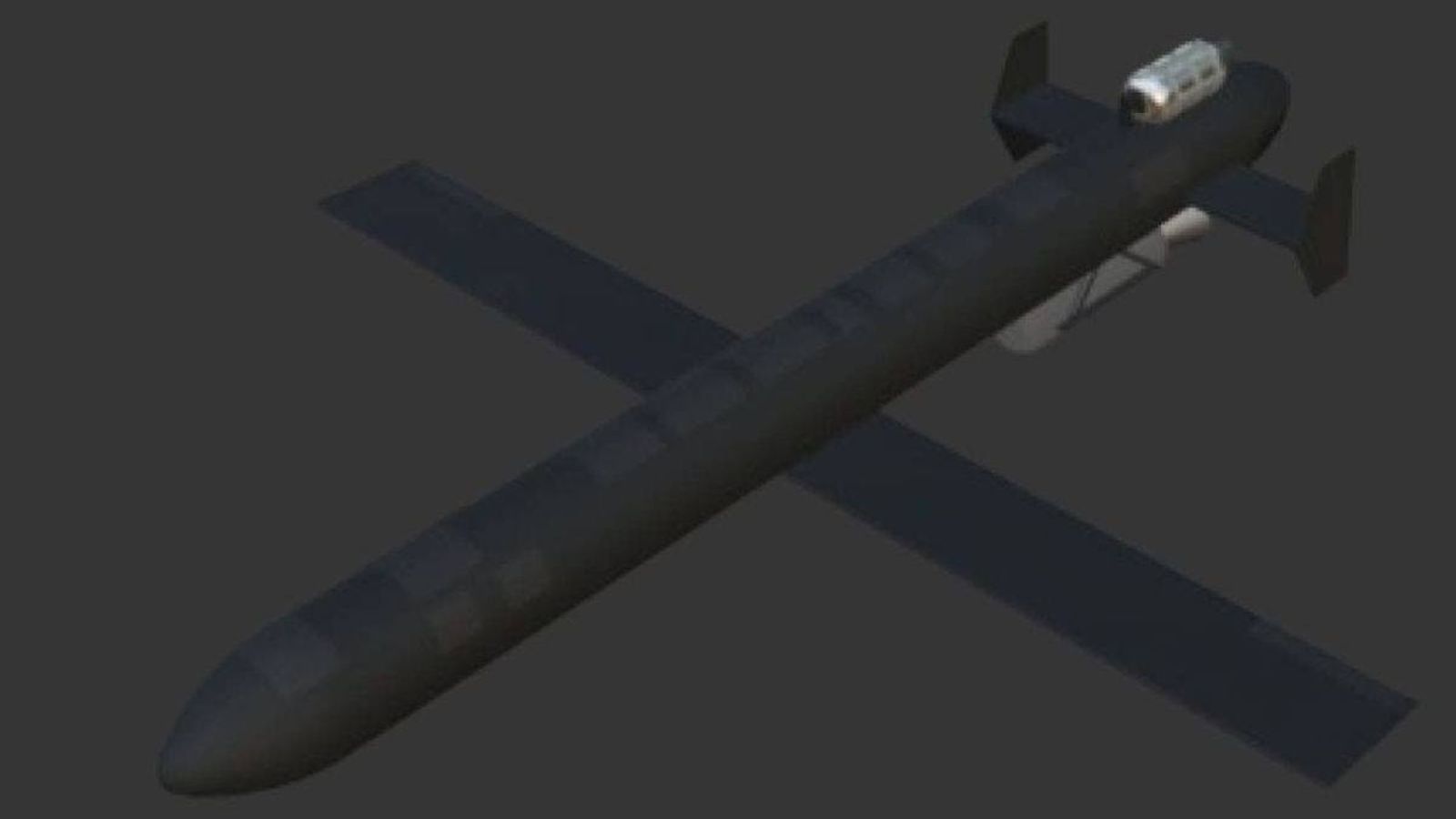 3D render of the black Russian Geran-5 jet-powered kamikaze drone, shaped like a cruise missile.