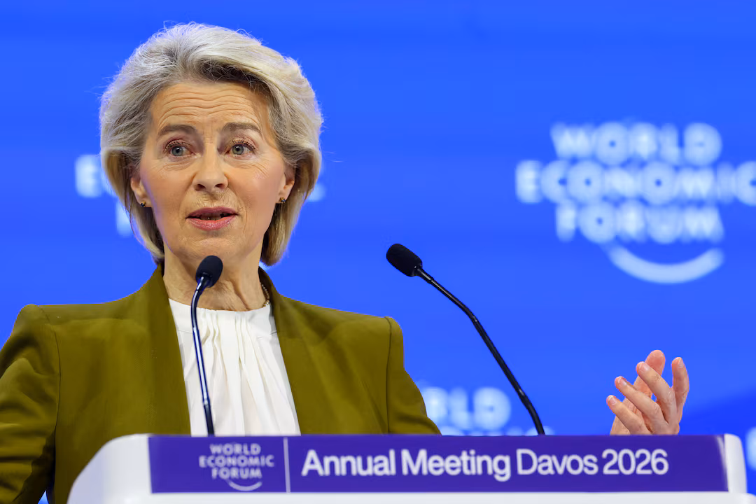 European Commission President Ursula von der Layen speaks during the 56th annual World Economic Forum (WEF) meeting in Davos, Switzerland, January 20, 2026. REUTERS/Denis Balibouse