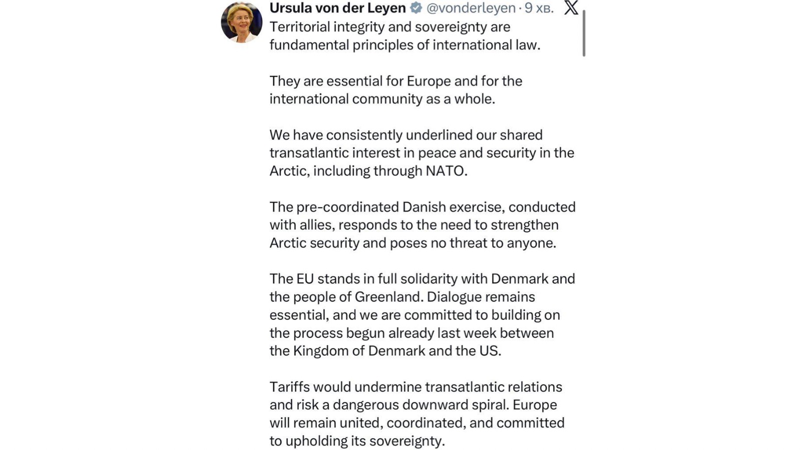 Ursula von der Leyen's statement on X about Arctic security and NATO.