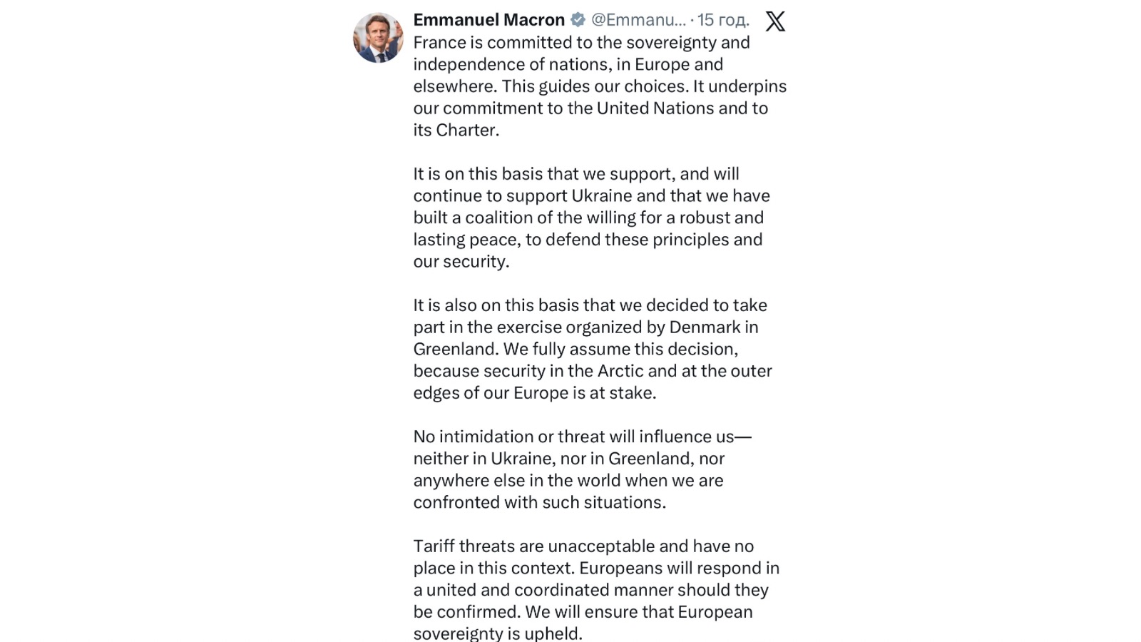 Emmanuel Macron's post on X regarding sovereignty and Greenland.