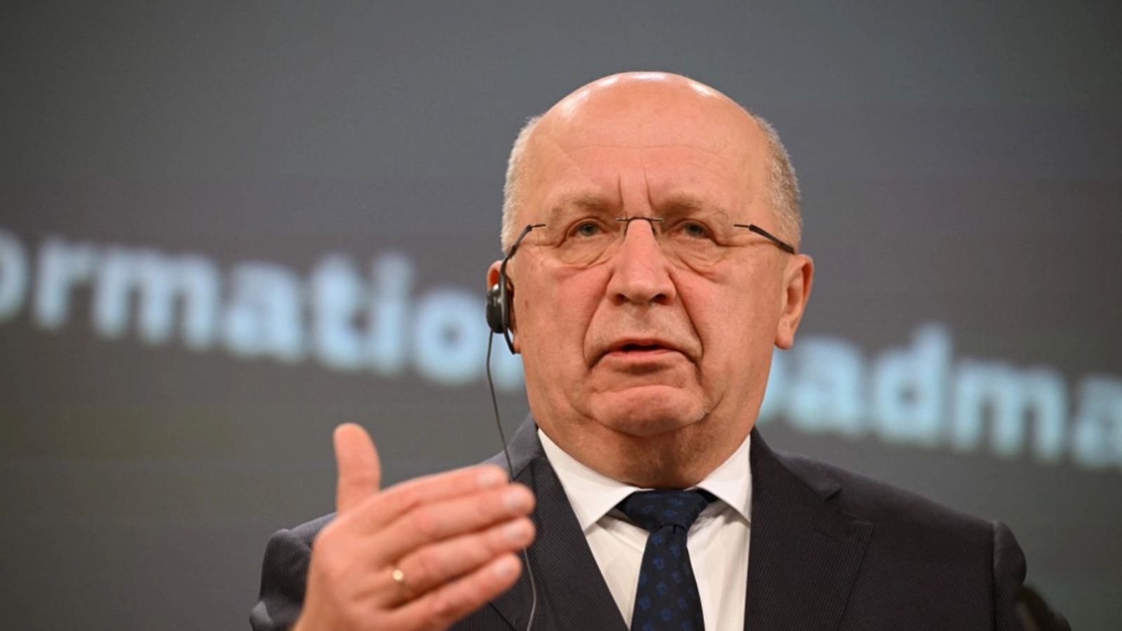 European Commissioner for Defence and Space Andrius Kubilius watches a press conference on the military mobility package at the EU headquarters in Brussels on November 19, 2025.