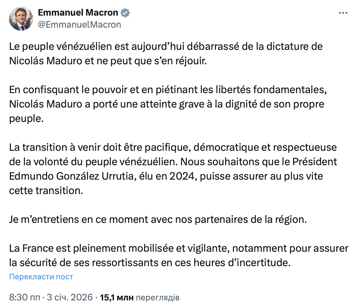 Screenshot from Macron's X account