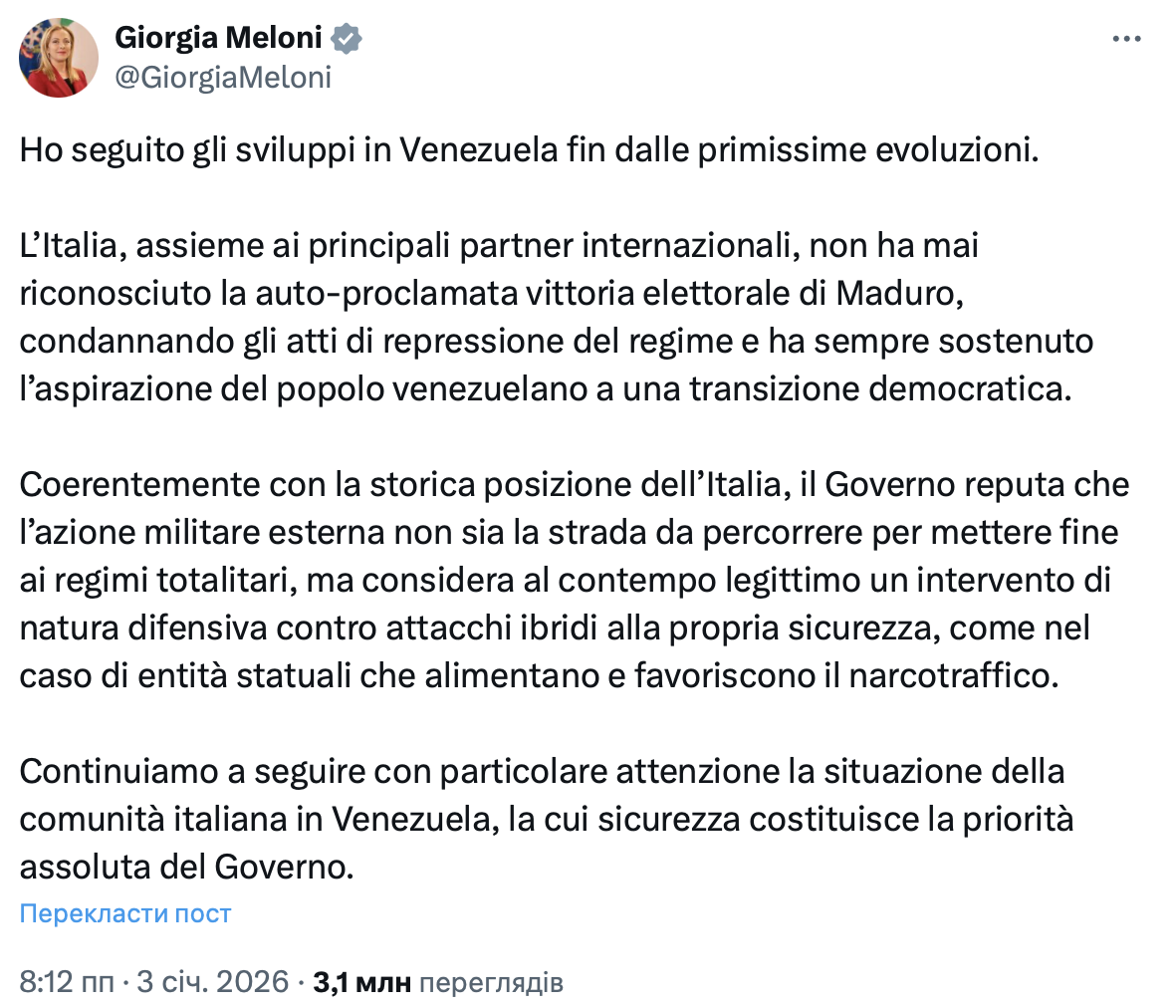 Screenshot from Meloni's X account